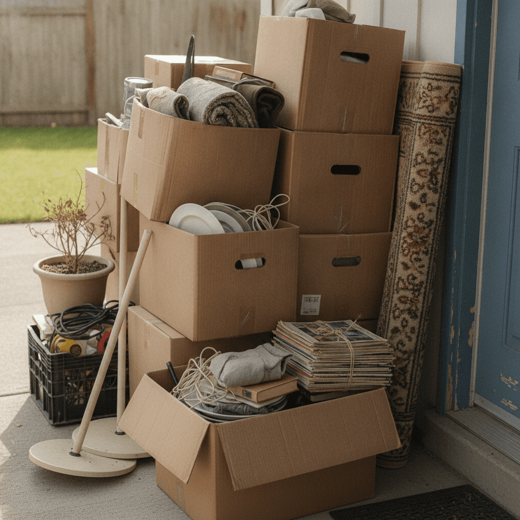 worn boxes and household clutter stacked by back door in Owensboro KY ready for haul away