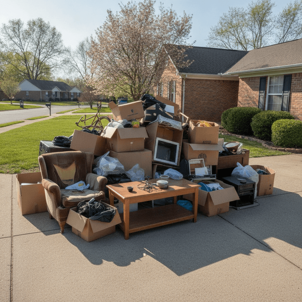 household junk piled near a driveway in Owensboro KY ready for haul away pickup