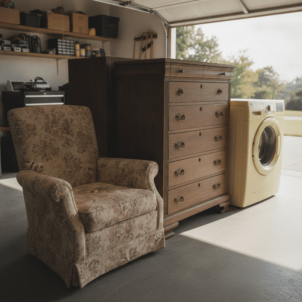 old furniture and appliances staged in a garage for junk hauling in Owensboro KY