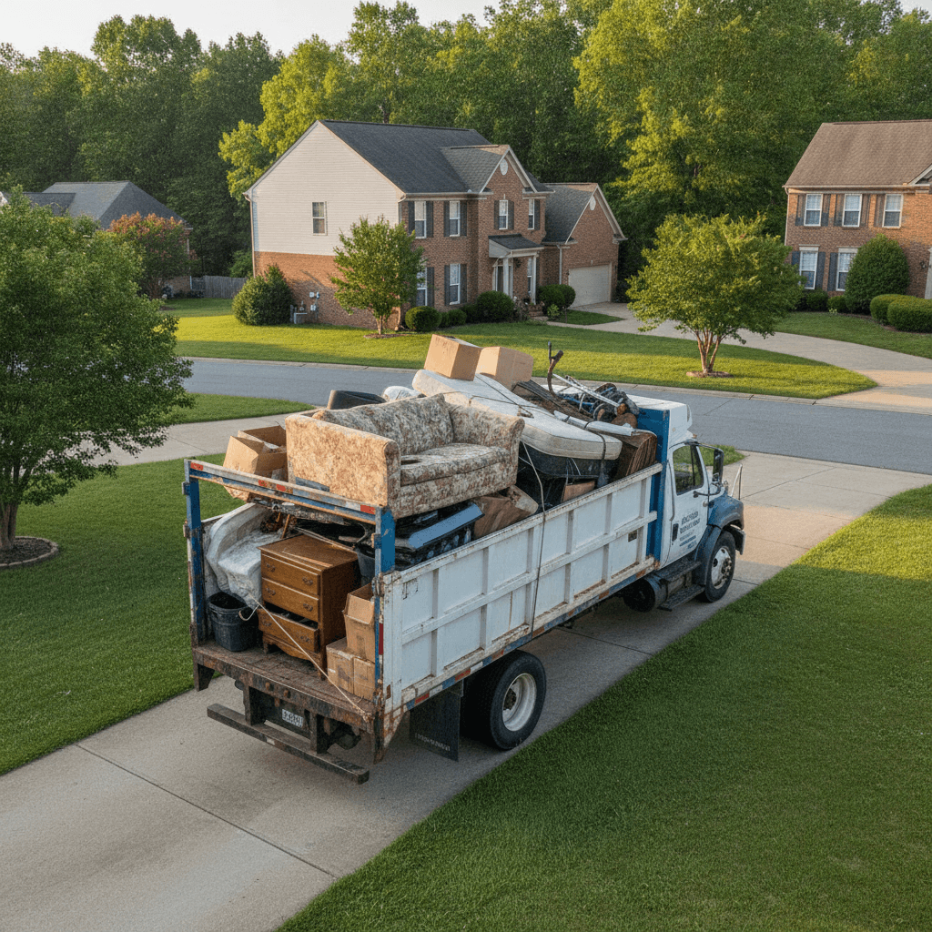 Clutter Cleaners junk removal truck loaded with furniture outside Owensboro KY home