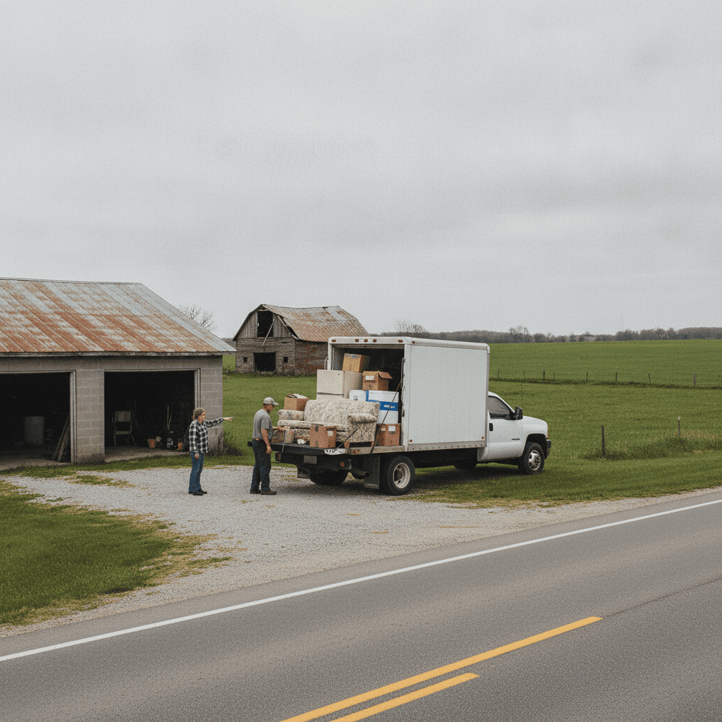Clutter Cleaners junk removal truck loaded with furniture on a rural KY-144 property near Knottsville KY