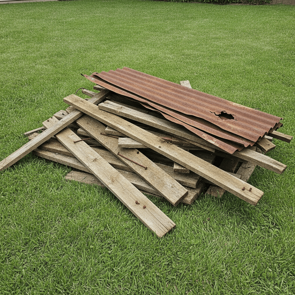dismantled shed lumber and rusted metal roof panels stacked for haul off in Owensboro KY
